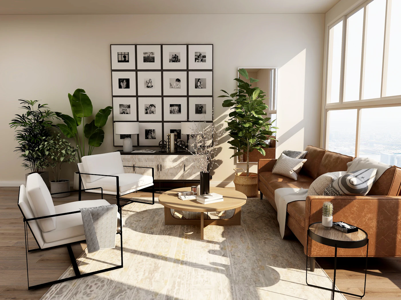 Bright renovated living room with large windows and wood floors